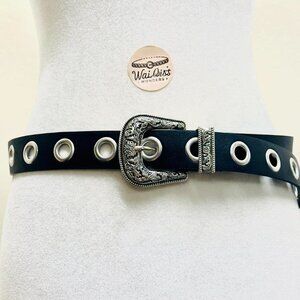 Black leather belt with silver buckle and silver studded holes